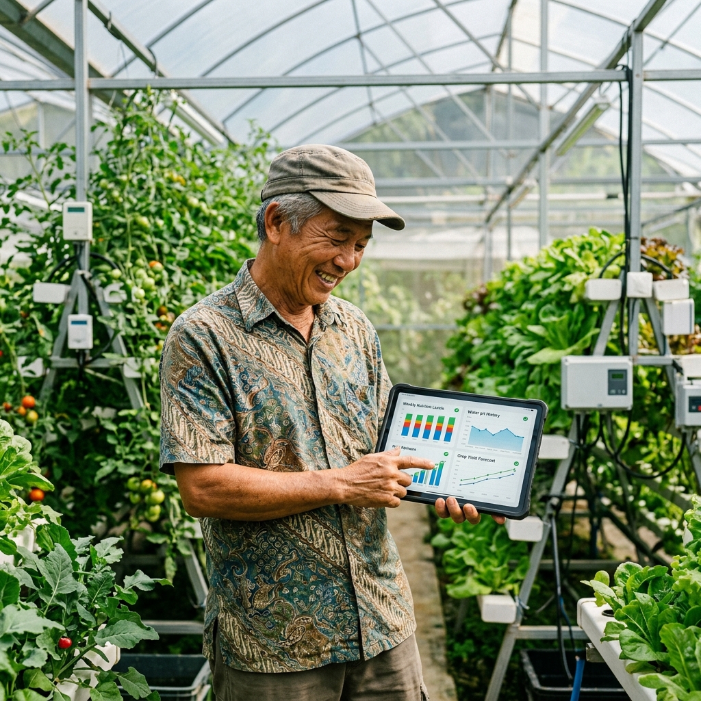 Older local farmer using tablet in greenhouse